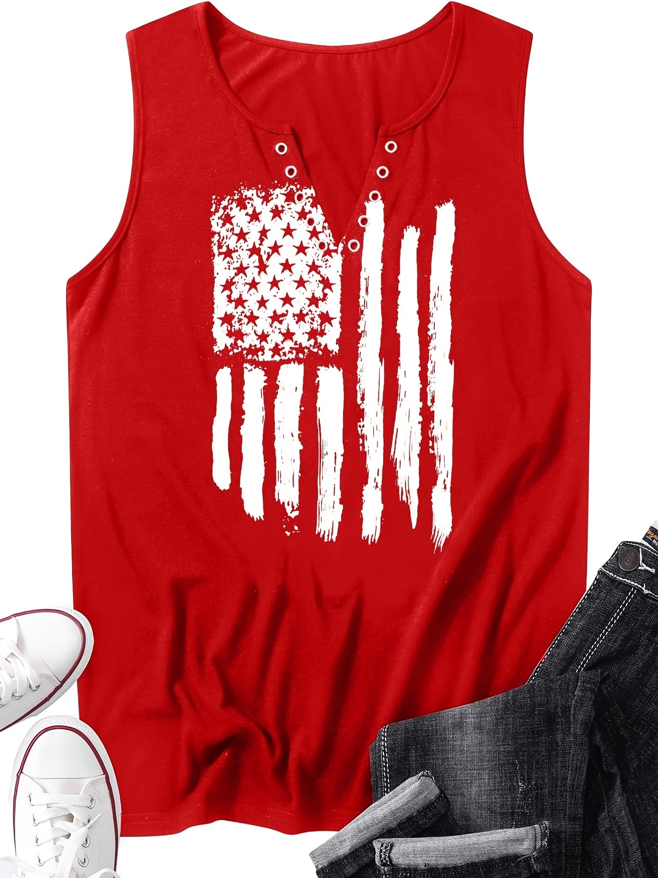 Flag Print Tank Top Women's Sleeveless V Neck Casual Top