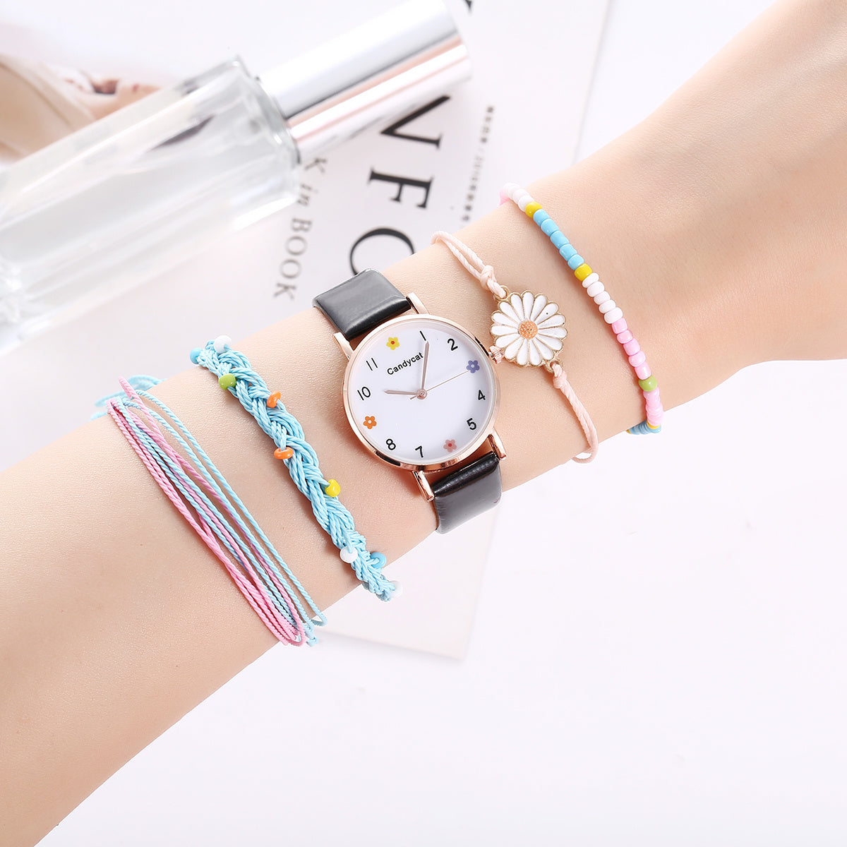 Girls Flower Quartz Watch Daisy Bracelet Set
