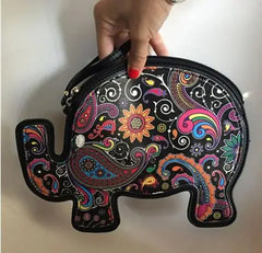 Elephant Women Leather Handbag Clutch Vintage Phone Case Wristlets Womens Bag