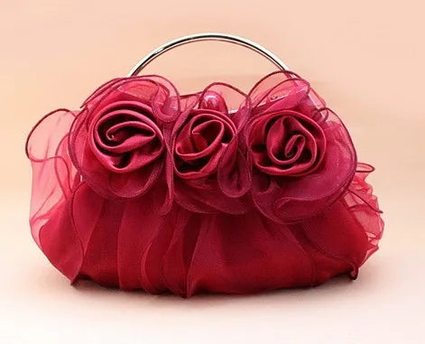 Diamond Satin Flower Evening Clutch Bag with Two Flowers Appliques