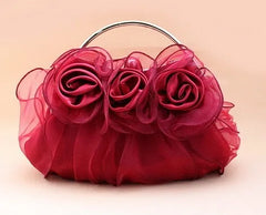 Diamond Satin Flower Evening Clutch Bag with Two Flowers Appliques