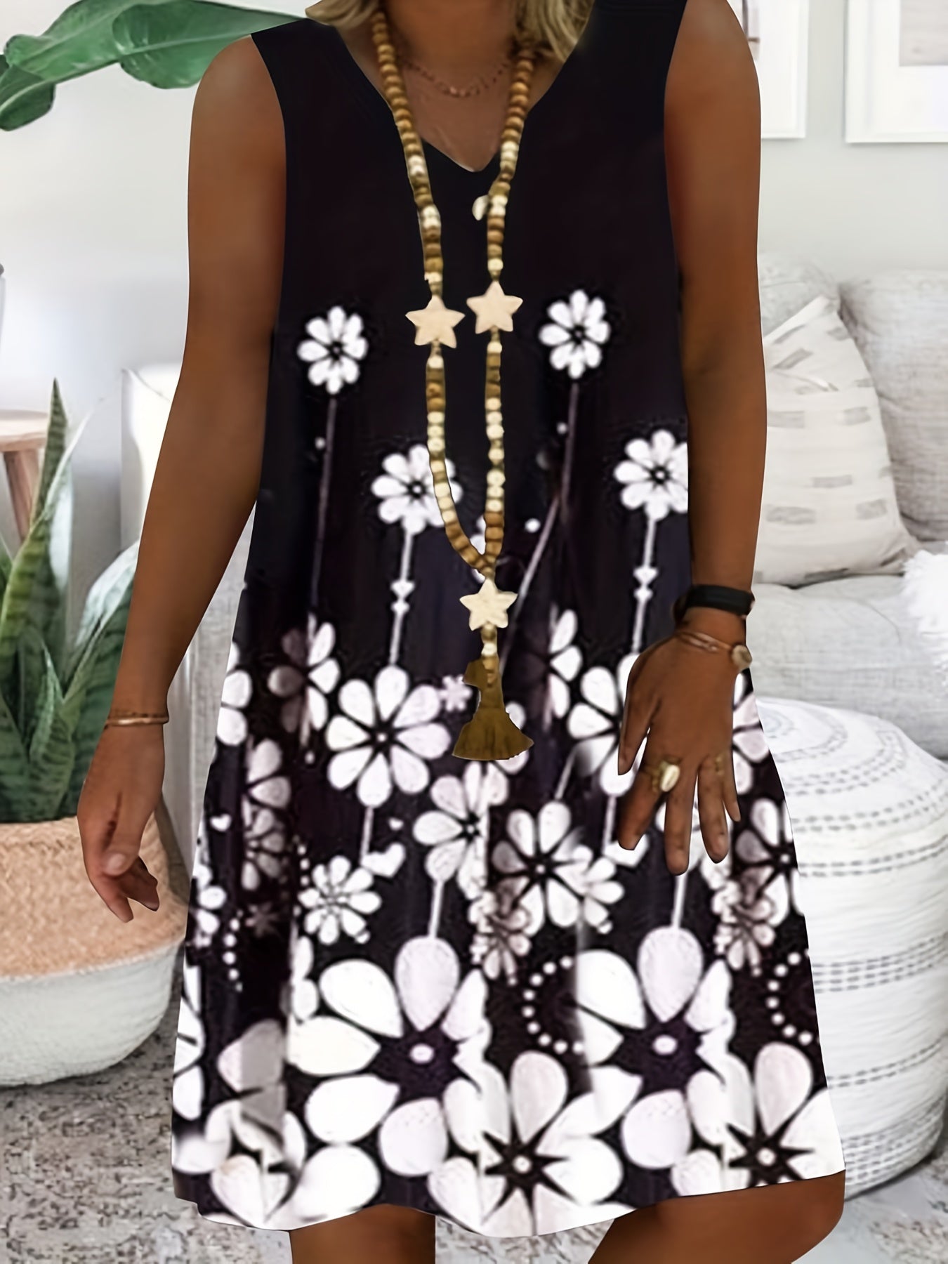 Casual Tank Dress Women's Plus Floral Print V Neck Slight Stretch