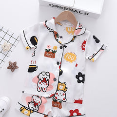 Girls Cartoon Bear Pajamas Set V Neck Button Top & Shorts Kids Summer Clothes