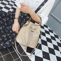 Women's Straw Bucket Bag Woven Shoulder Beach Handbag