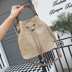 Women's Straw Bucket Bag Woven Shoulder Beach Handbag