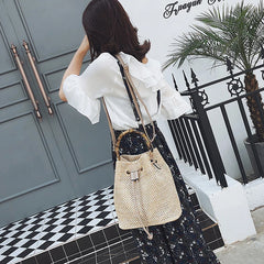 Women's Straw Bucket Bag Woven Shoulder Beach Handbag