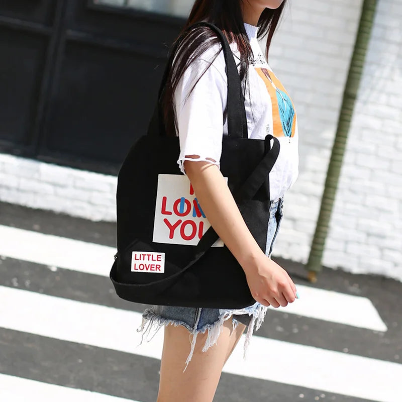 Canvas Letters Printed Crossbody Bag for Women Reusable Lady's Shopping Bags