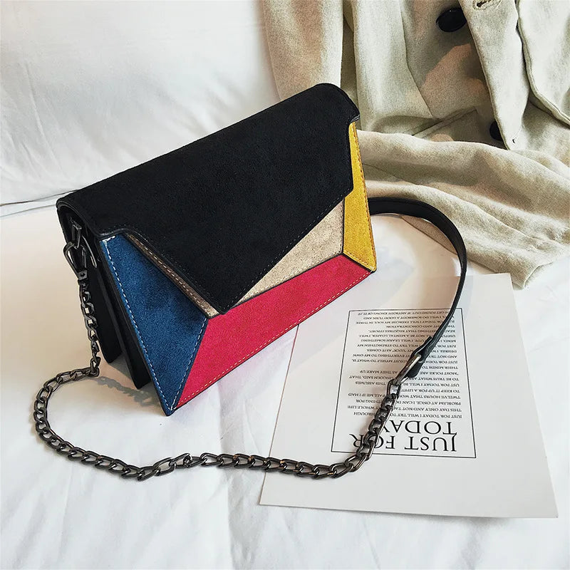 Leather Patchwork Women Messenger Bag Female Chain Strap Shoulder Bag