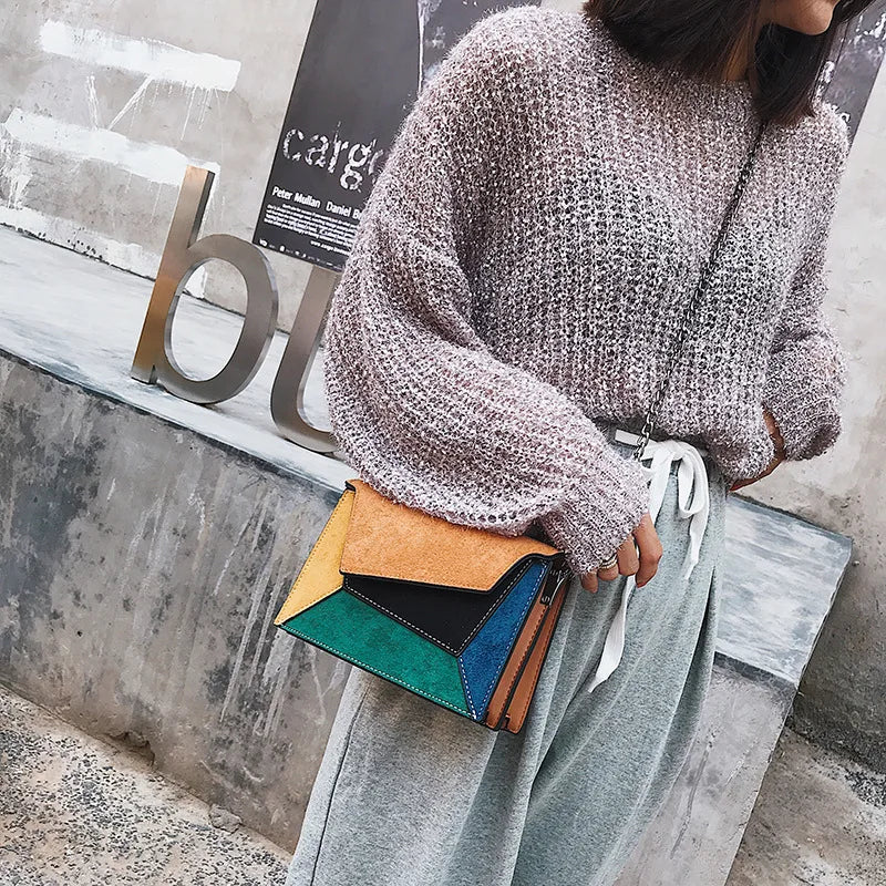 Leather Patchwork Women Messenger Bag Female Chain Strap Shoulder Bag
