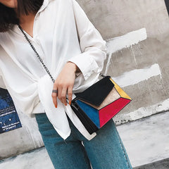 Leather Patchwork Women Messenger Bag Female Chain Strap Shoulder Bag