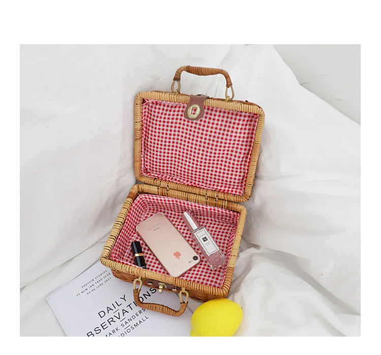 Vintage Rattan Handbag Women Straw Tote Bag Beach Travel Bag Satchel