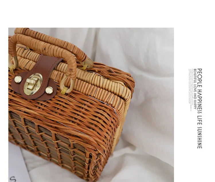 Vintage Rattan Handbag Women Straw Tote Bag Beach Travel Bag Satchel