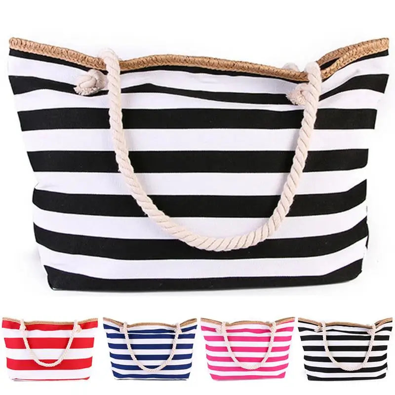 Canvas Striped Beach Tote Bag Large Capacity Shoulder Handbag