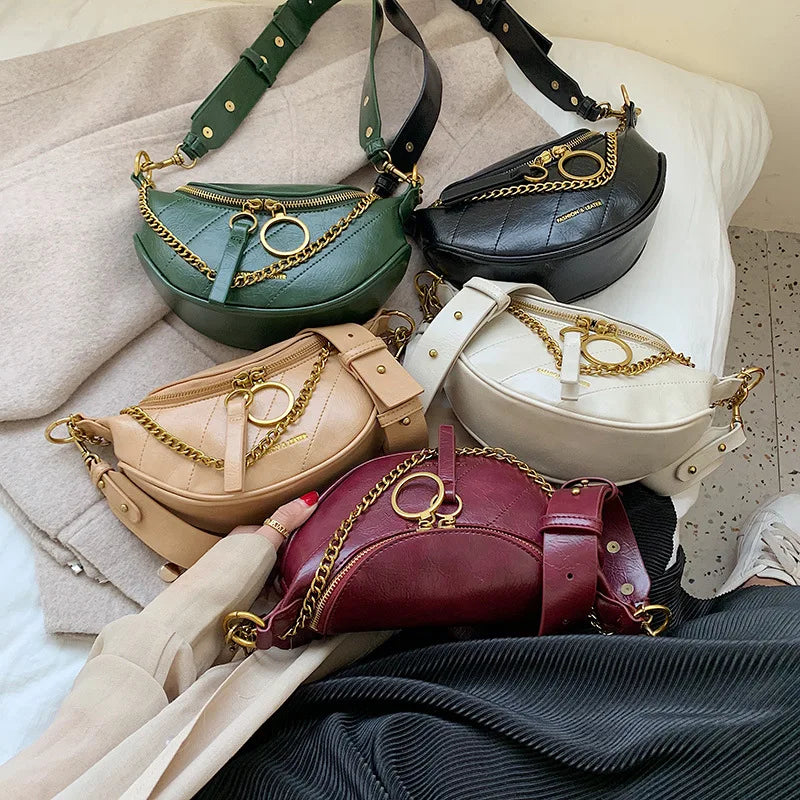 Women Leather Crossbody Chest Bag Lady Messenger Waist Pack Chains Travel