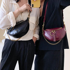 Women Leather Crossbody Chest Bag Lady Messenger Waist Pack Chains Travel