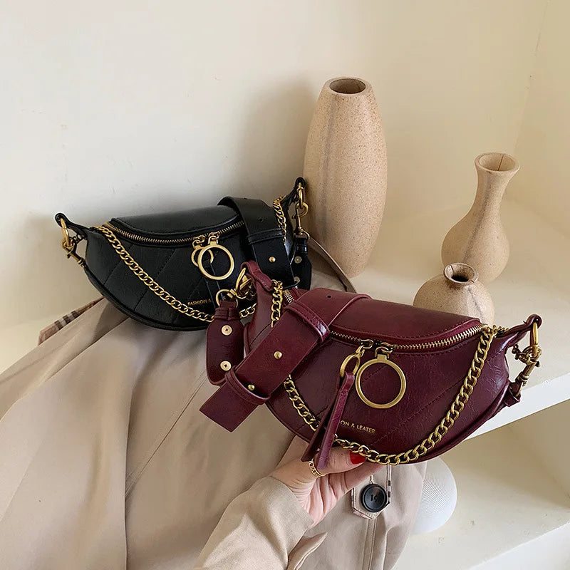 Women Leather Crossbody Chest Bag Lady Messenger Waist Pack Chains Travel