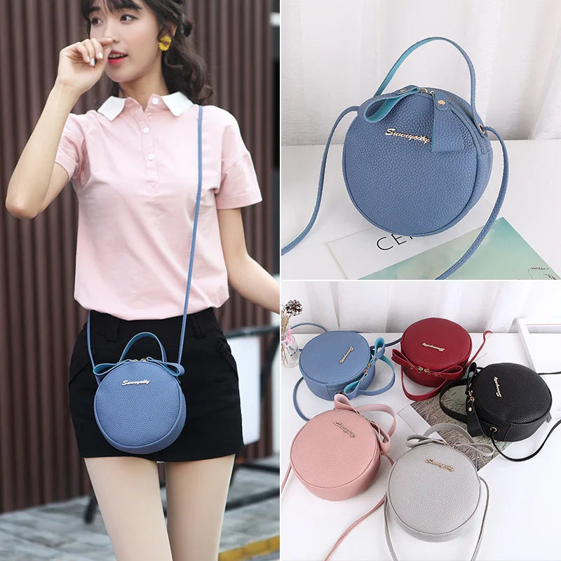 Women Mini Round Handbag PU Leather Crossbody Bag