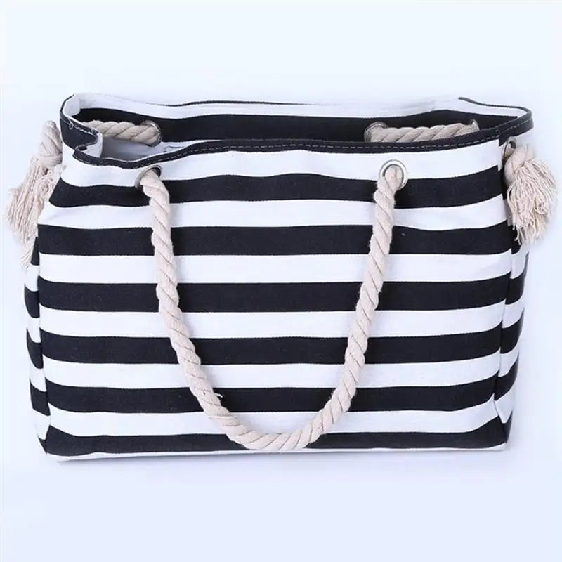 Women Canvas Beach Shoulder Striped Tote Bag Large Capacity