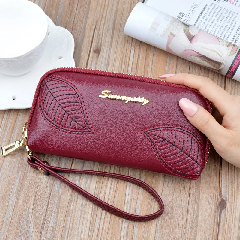 Leaf Embroidery Women Clutch Bag Long Zipper Hand Bags