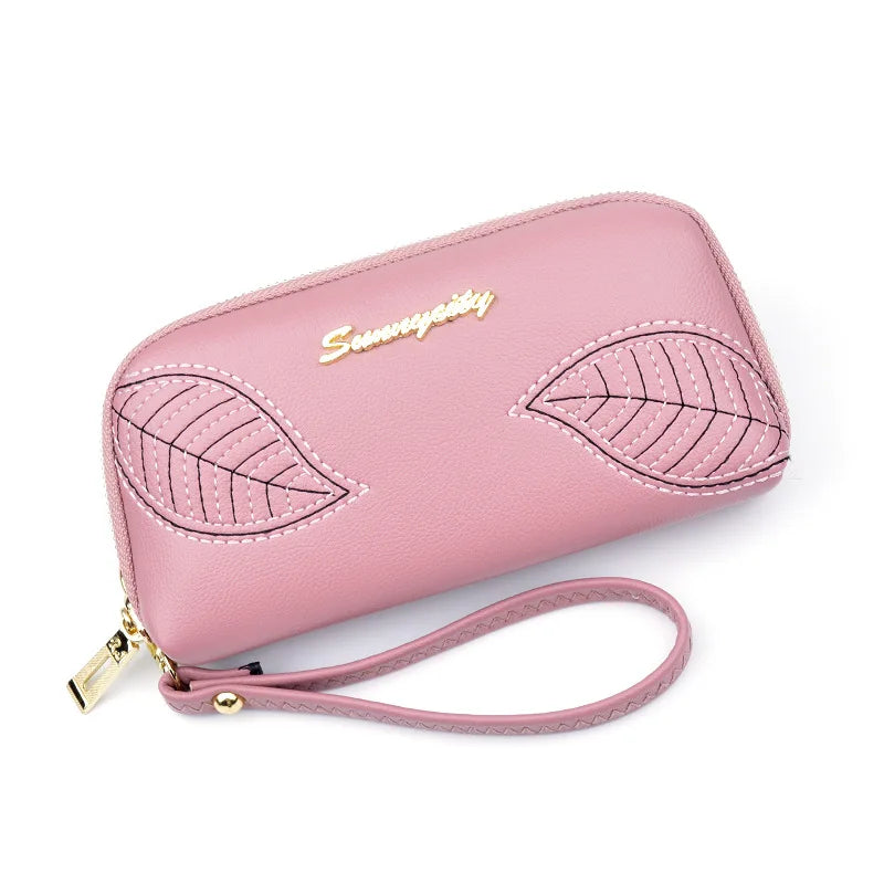 Leaf Embroidery Women Clutch Bag Long Zipper Hand Bags
