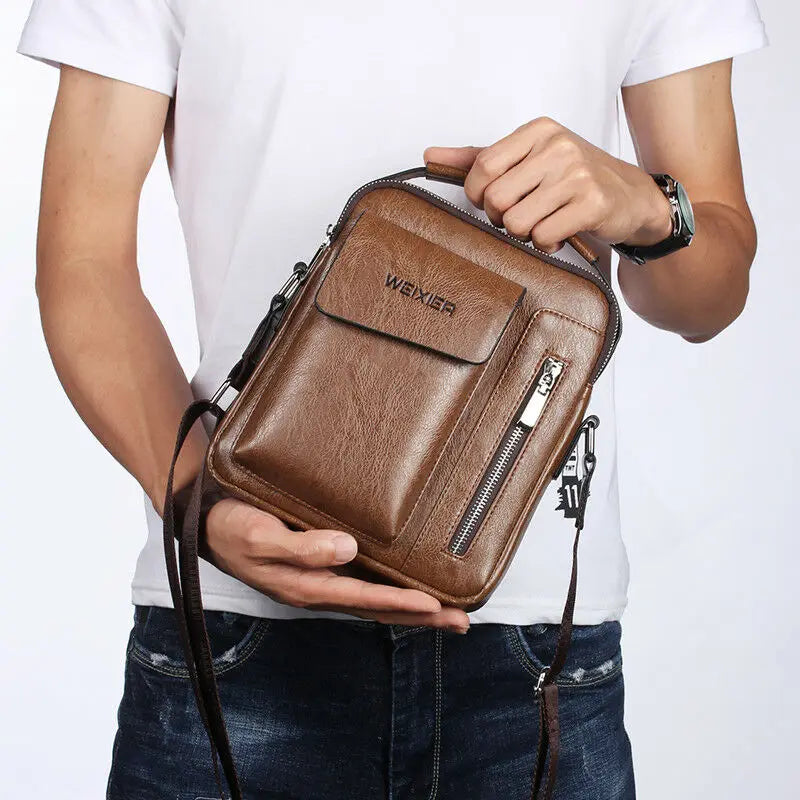 Vintage Men's Crossbody Shoulder Bag PU Leather Messenger Retro Zipper Business