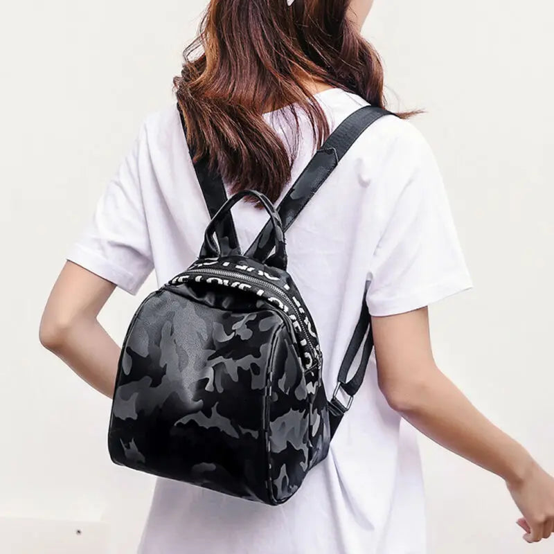 Women PU Leather Satchel Backpack Camo Letter Printed Shoulder Bag