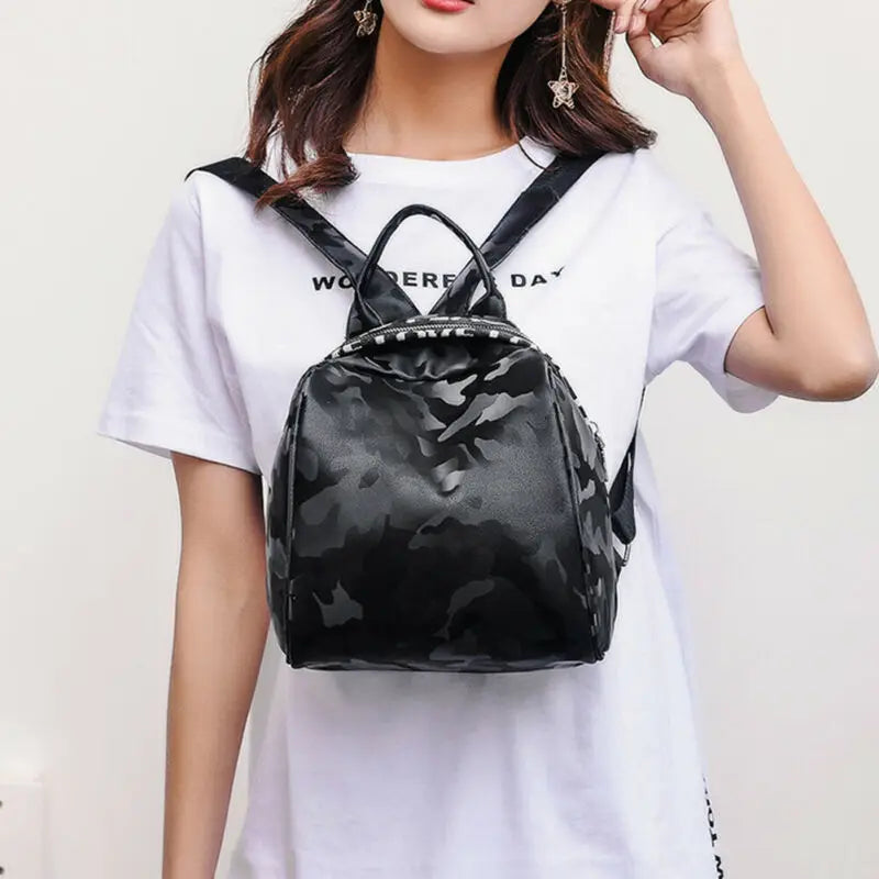 Women PU Leather Satchel Backpack Camo Letter Printed Shoulder Bag