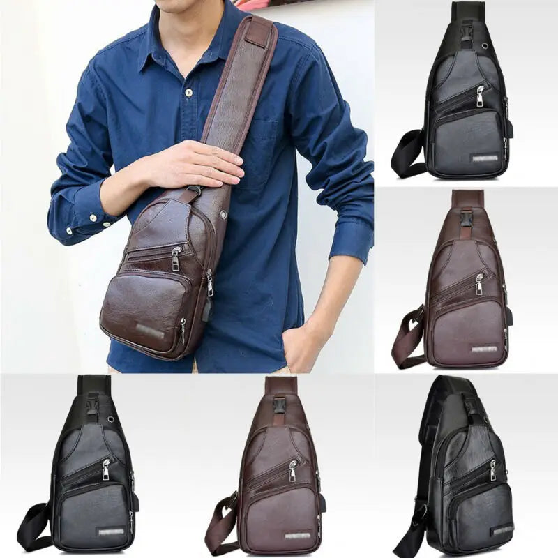 Men's PU Shoulder Bag Sling Chest Pack USB Charging Sports Crossbody Waist Packs