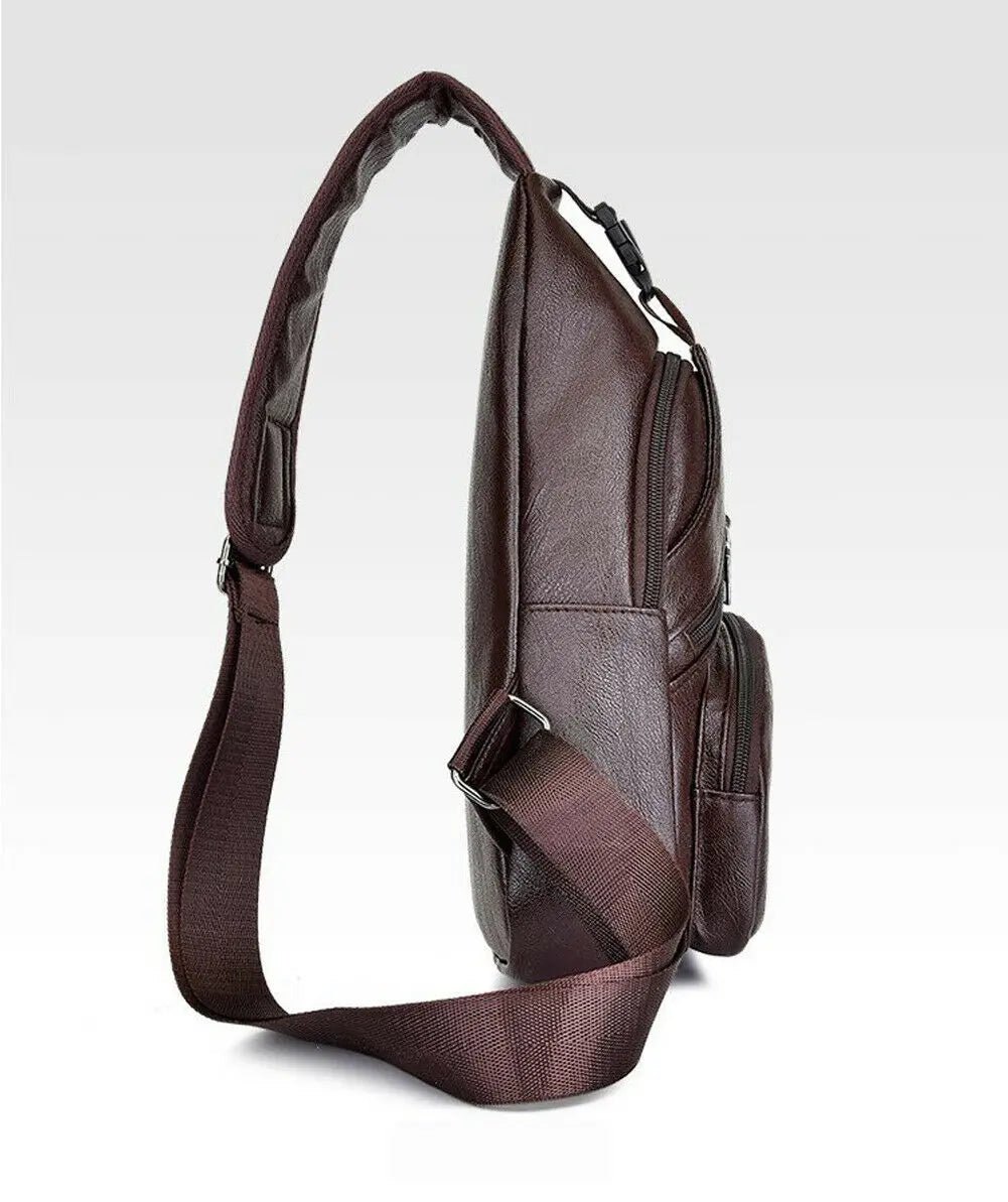 Men's PU Shoulder Bag Sling Chest Pack USB Charging Sports Crossbody Waist Packs