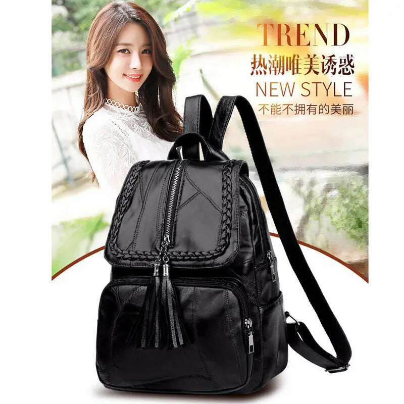 Women Lady Soft Leather Tassel Backpack School Bag