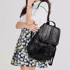 Women Lady Soft Leather Tassel Backpack School Bag