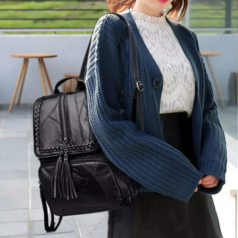 Women Lady Soft Leather Tassel Backpack School Bag