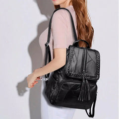 Women Lady Soft Leather Tassel Backpack School Bag