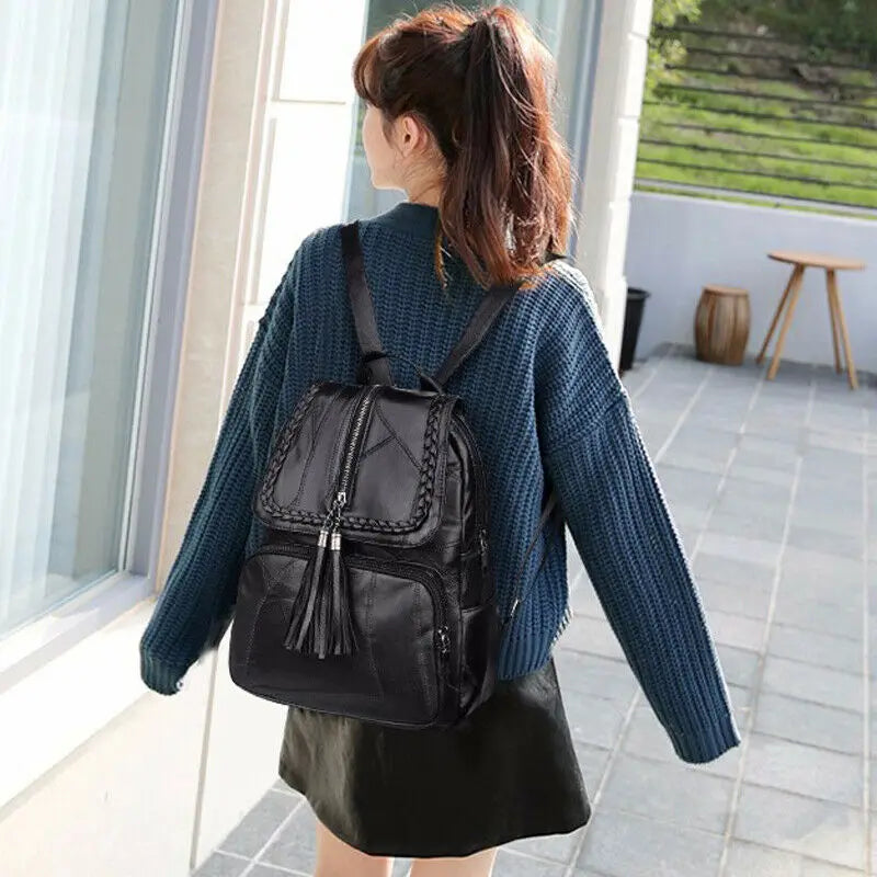 Women Lady Soft Leather Tassel Backpack School Bag