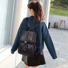 Women Lady Soft Leather Tassel Backpack School Bag