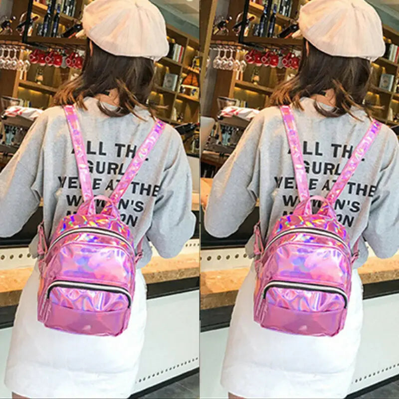 Women Laser Holographic Backpack Student School Bag Travel Rucksack