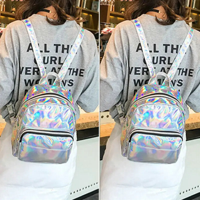 Women Laser Holographic Backpack Student School Bag Travel Rucksack