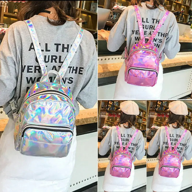 Women Laser Holographic Backpack Student School Bag Travel Rucksack