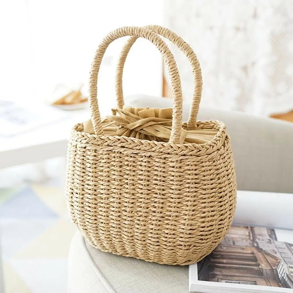 Hot Women Straw Woven Drawstring Handbag - Solid Holiday Purse