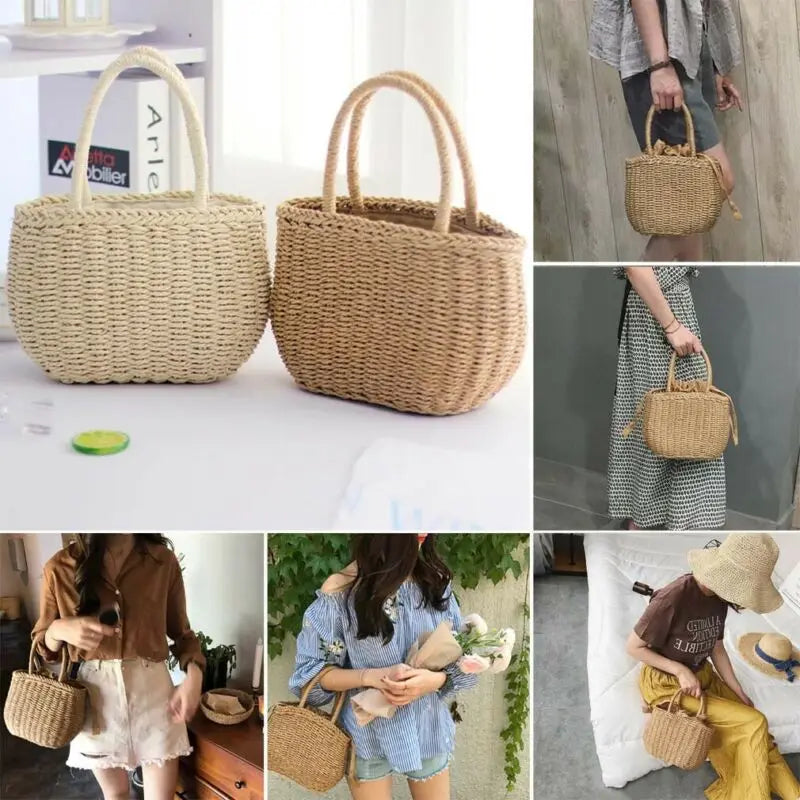 Hot Women Straw Woven Drawstring Handbag - Solid Holiday Purse