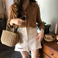 Hot Women Straw Woven Drawstring Handbag - Solid Holiday Purse