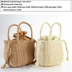 Hot Women Straw Woven Drawstring Handbag - Solid Holiday Purse