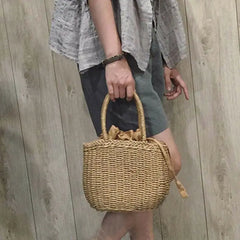 Hot Women Straw Woven Drawstring Handbag - Solid Holiday Purse