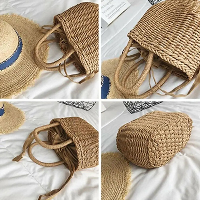 Hot Women Straw Woven Drawstring Handbag - Solid Holiday Purse