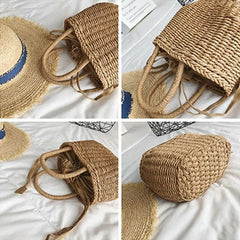 Hot Women Straw Woven Drawstring Handbag - Solid Holiday Purse