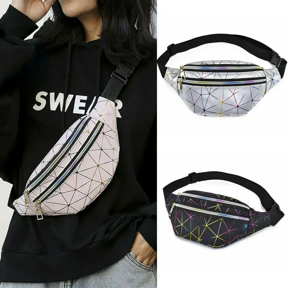 Women Girl Fanny Pack Leather Waist Bag Travel Bag Waist Bag Pink Silver