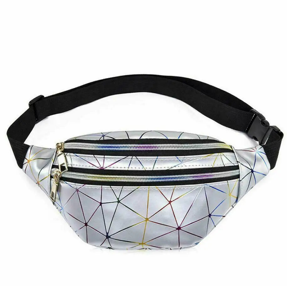 Women Girl Fanny Pack Leather Waist Bag Travel Bag Waist Bag Pink Silver