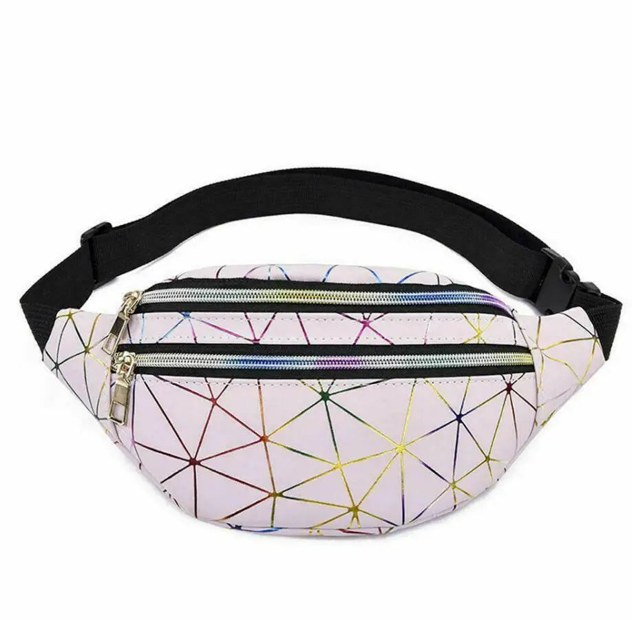Women Girl Fanny Pack Leather Waist Bag Travel Bag Waist Bag Pink Silver