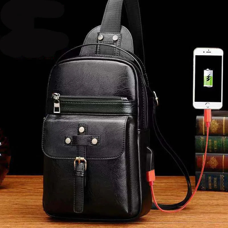 Summer Retro Chest Bag USB Men's Bag Casual Backpack Shoulder Zipper Messenger B