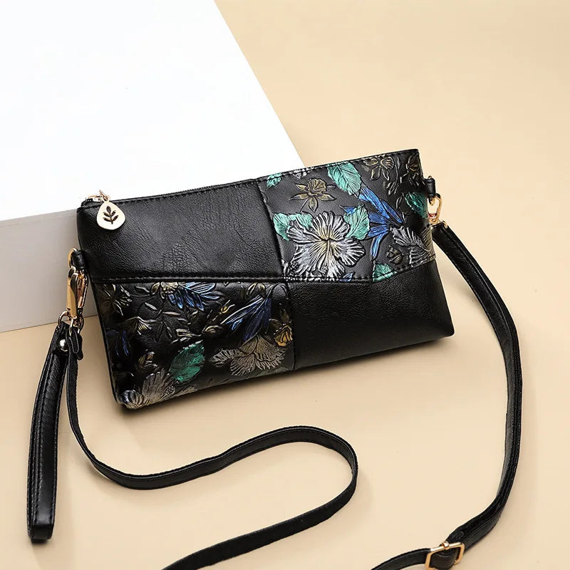 Women Shoulder Bag Floral Crossbody Leather Zipper Handbag Mini Vintage